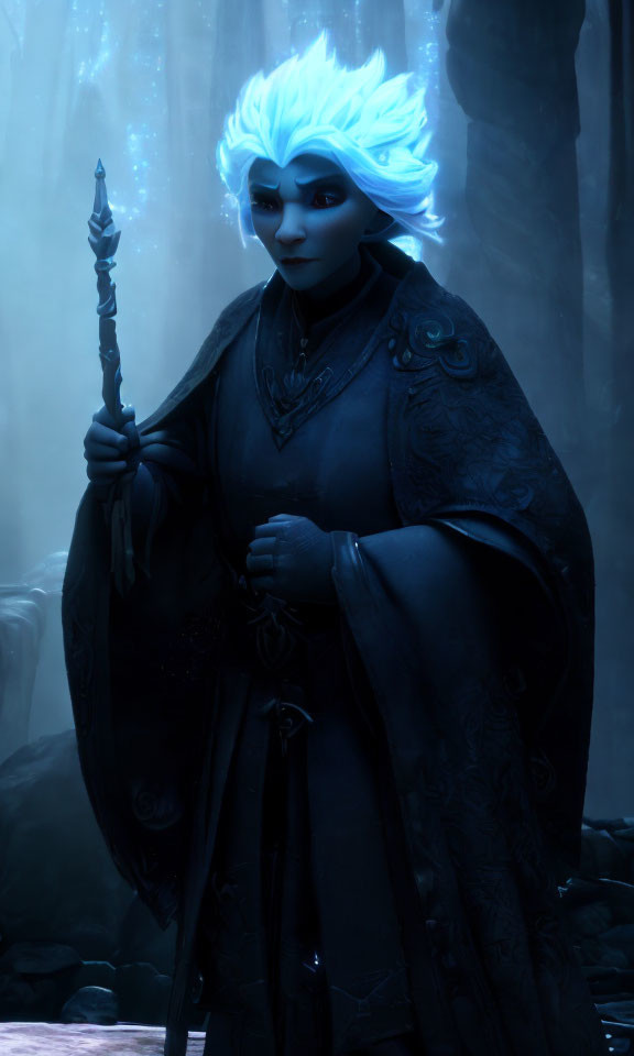 Pale blue-skinned character with white hair and spear in misty setting