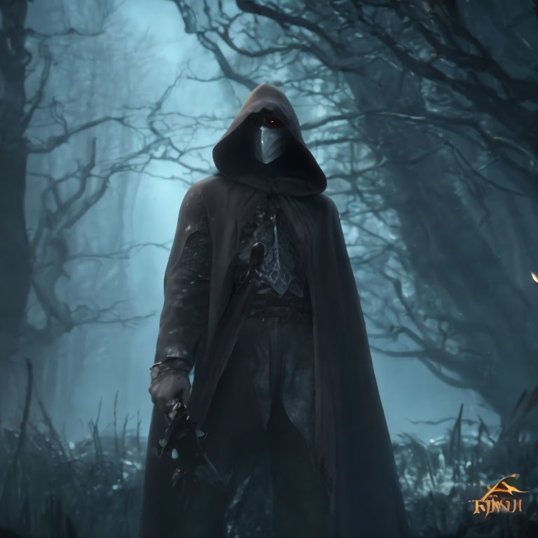 Mysterious cloaked figure in foggy forest with dagger and mask