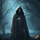 Mysterious cloaked figure in foggy forest with dagger and mask