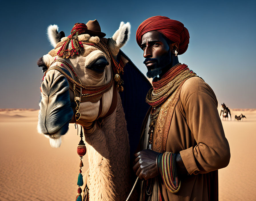 Man in traditional attire with decorated camel in desert setting symbolizing cultural heritage and companionship.