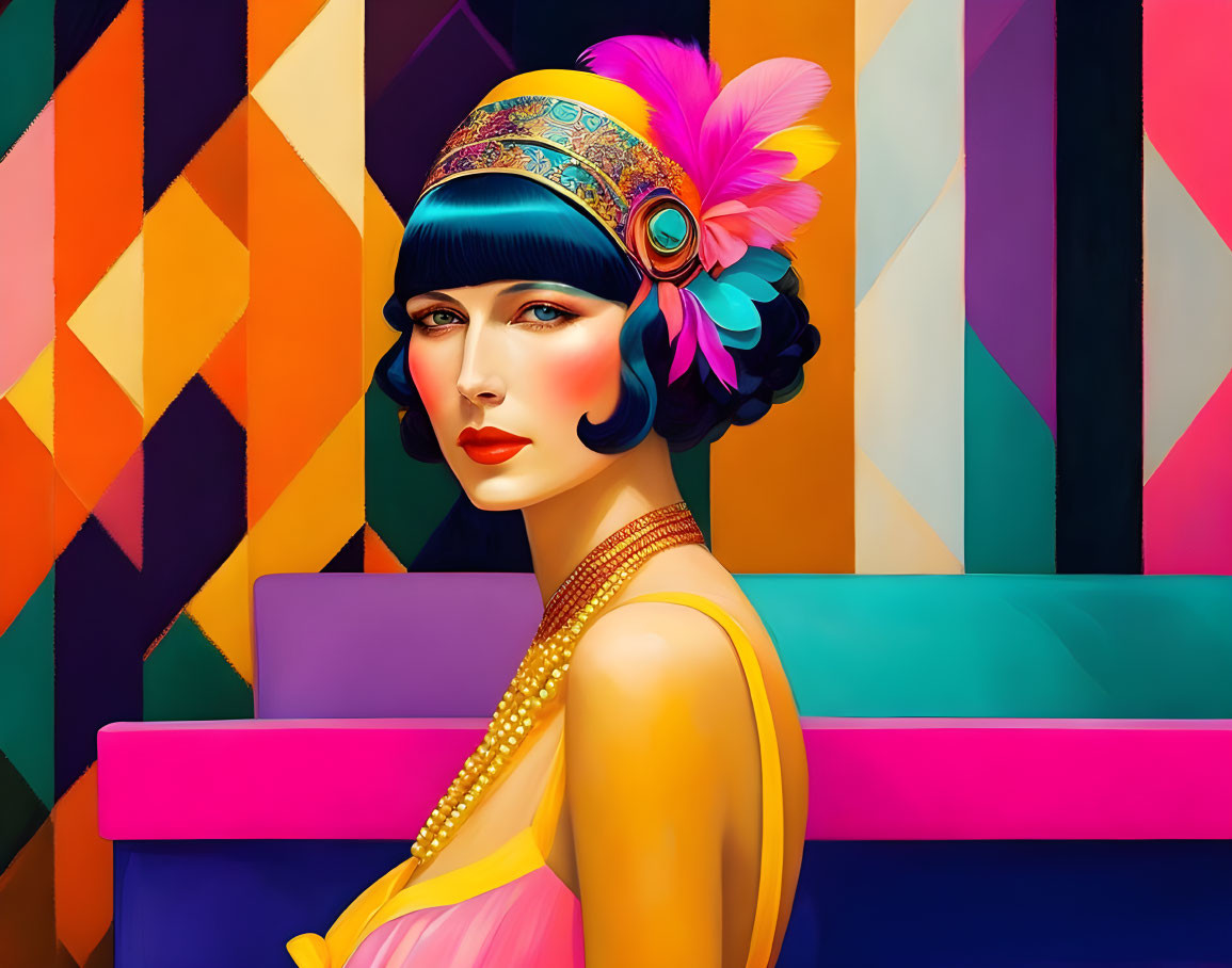 Colorful 1920s flapper style digital artwork with geometric backdrop