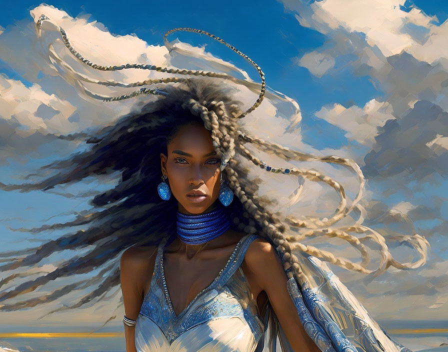 Digital painting of woman with flowing braids in white dress against blue sky