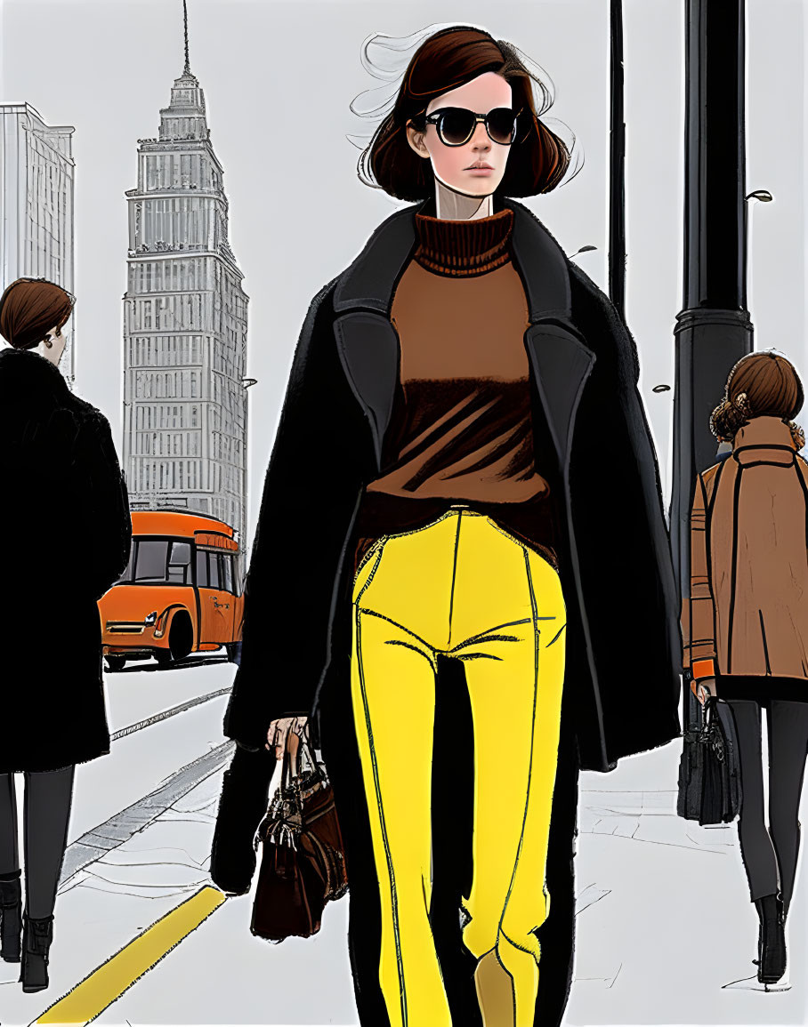 Fashionable woman in yellow pants and black coat walking in urban setting with skyscrapers.