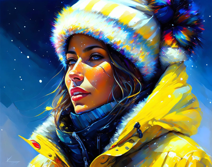 Colorful digital painting of a woman in winter attire on snowy background