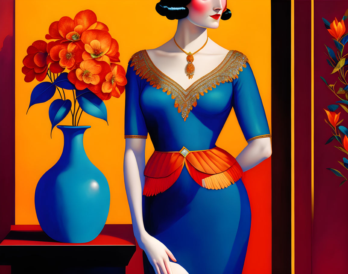 Colorful Illustration of Woman in Blue Dress with Orange Flowers