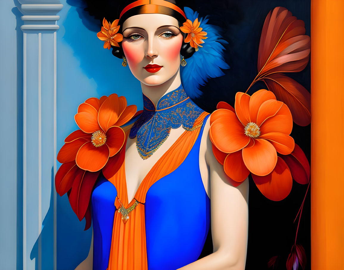 Stylized woman illustration with orange flowers and blue dress on architectural background