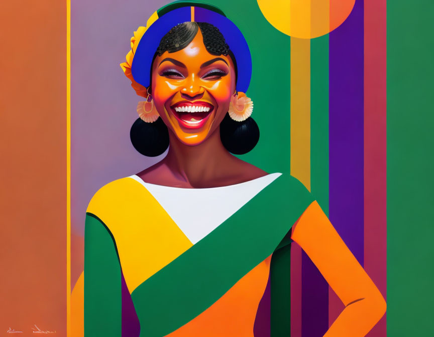 Colorful makeup portrait of a smiling woman in multicolored attire