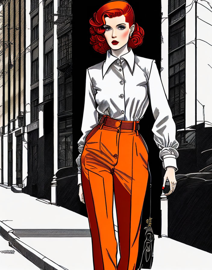 Fashionable red-haired woman in white blouse and orange trousers against cityscape.