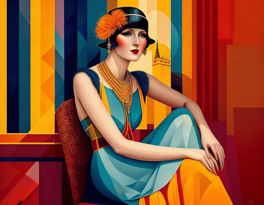 Colorful Artwork: Seated Woman in 1920s Flapper Style with Geometric Shapes