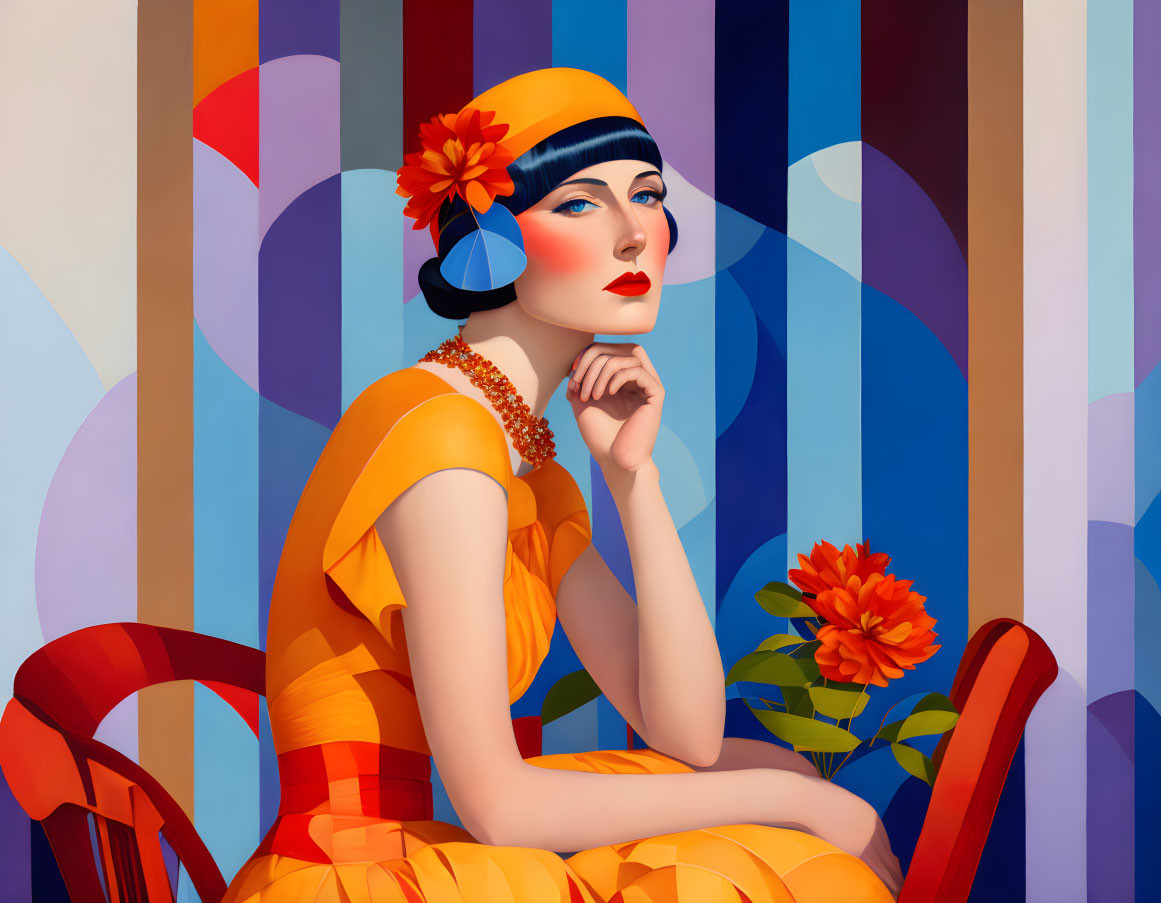 Vibrant orange dress and hat woman illustration with abstract background