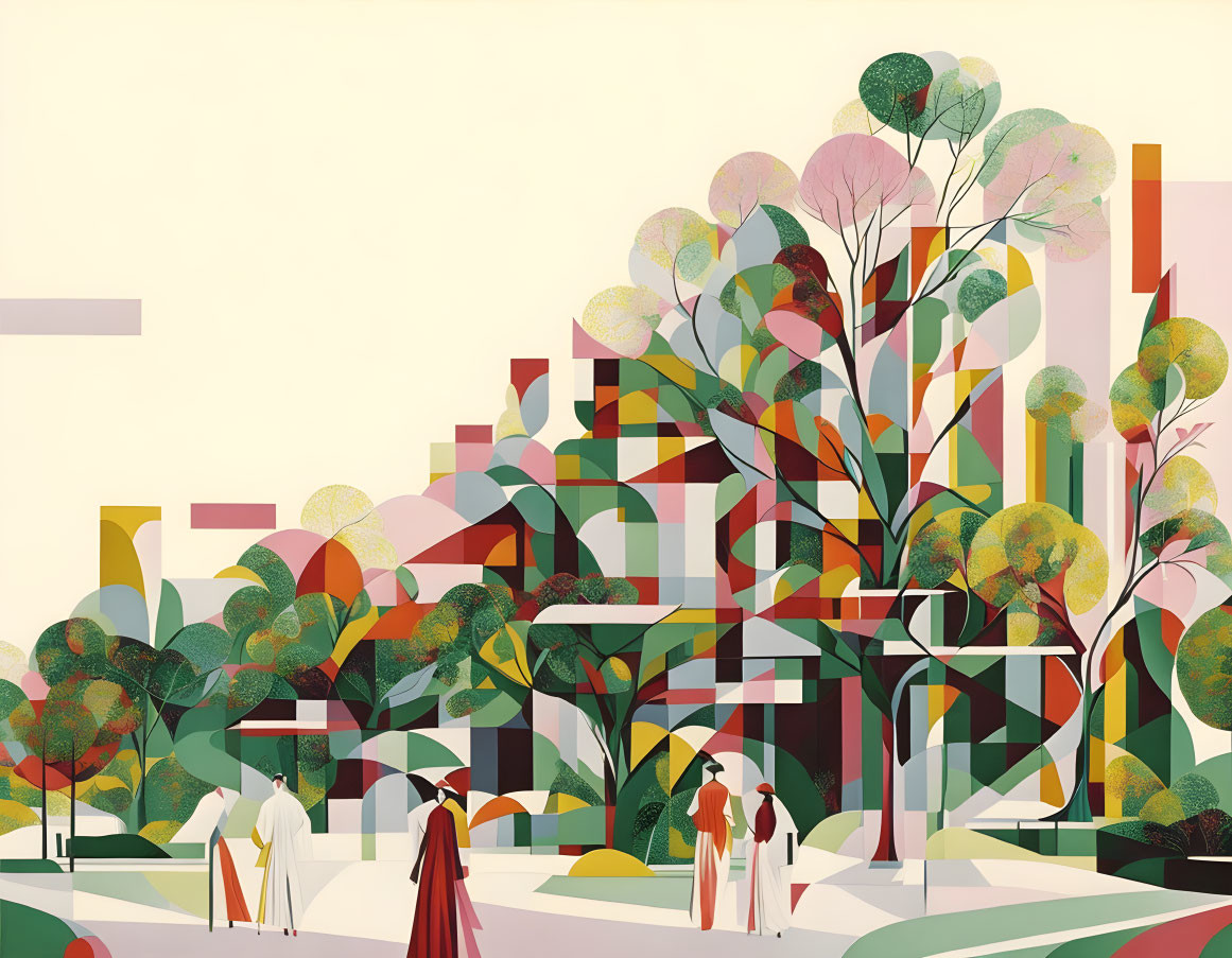 Colorful Geometric People in Abstract Park Setting