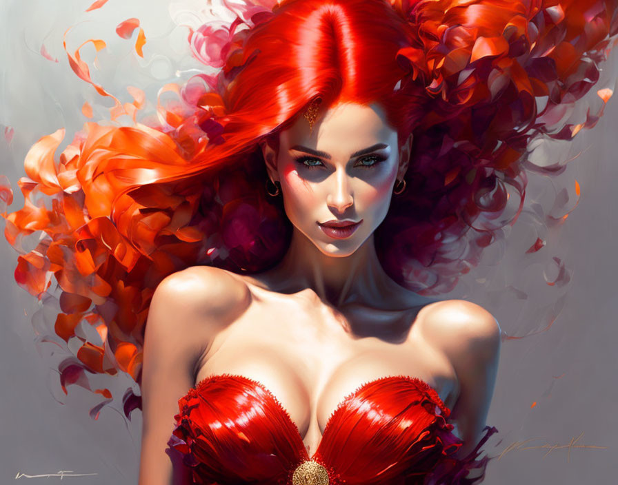 Digital artwork: Woman with flowing red hair and dress, red petals, soft background