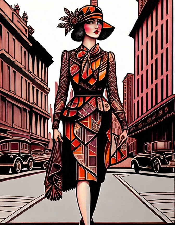 Stylized 1920s fashion illustration with cityscape and vintage cars