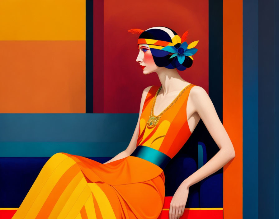 Art Deco-inspired woman illustration in orange dress against geometric backdrop