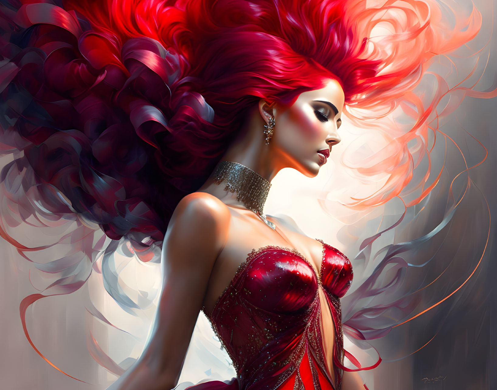 Vivid digital artwork: Woman with fiery red hair and red dress