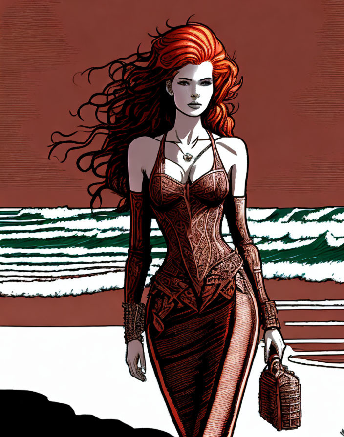 Red-haired woman in corset strolling on beach with red sky and waves