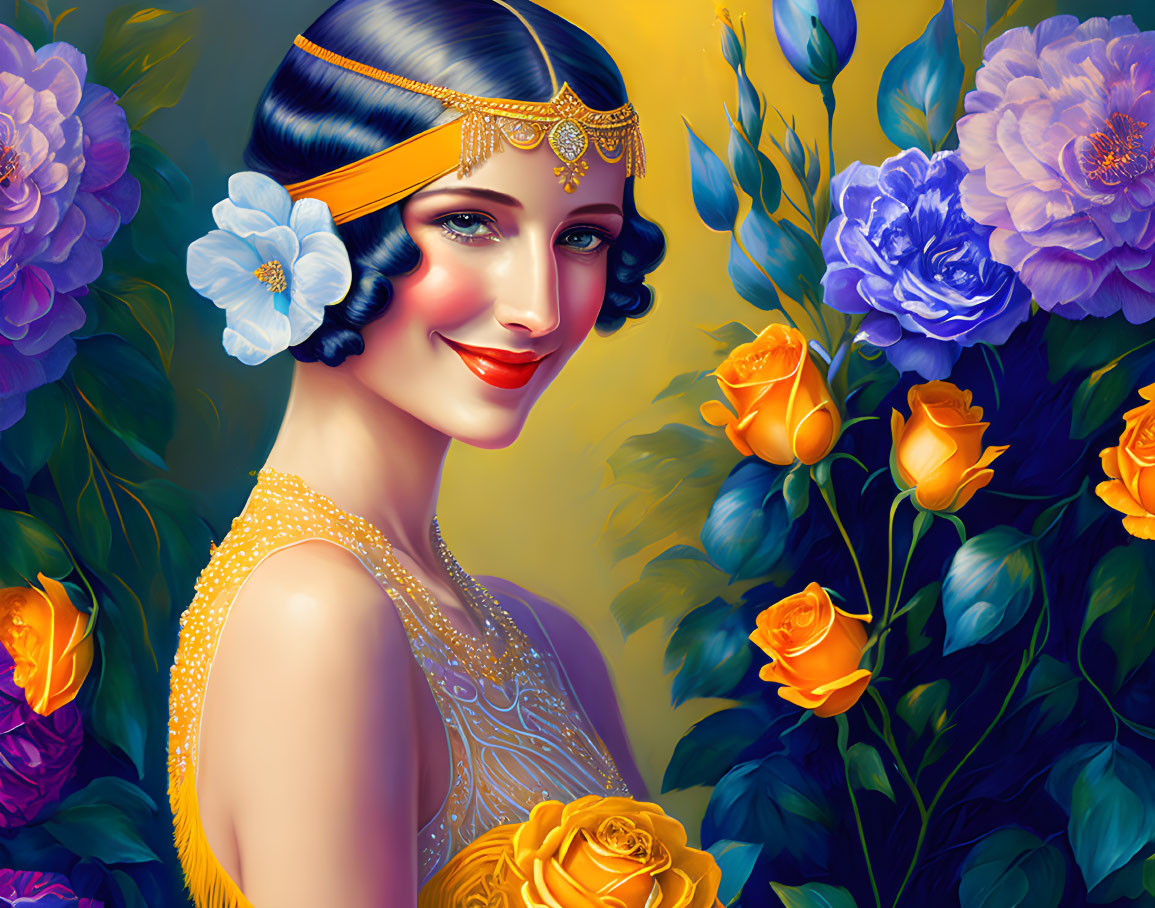 Smiling woman in 1920s fashion with headband and colorful flowers