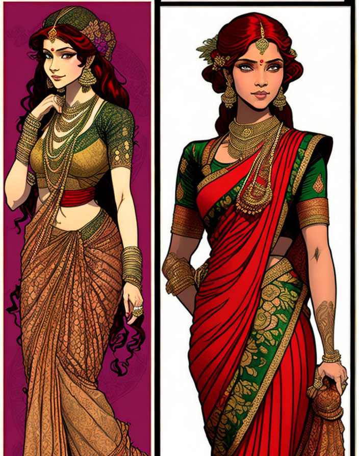 Illustrated women in traditional Indian attire with intricate jewelry on patterned background