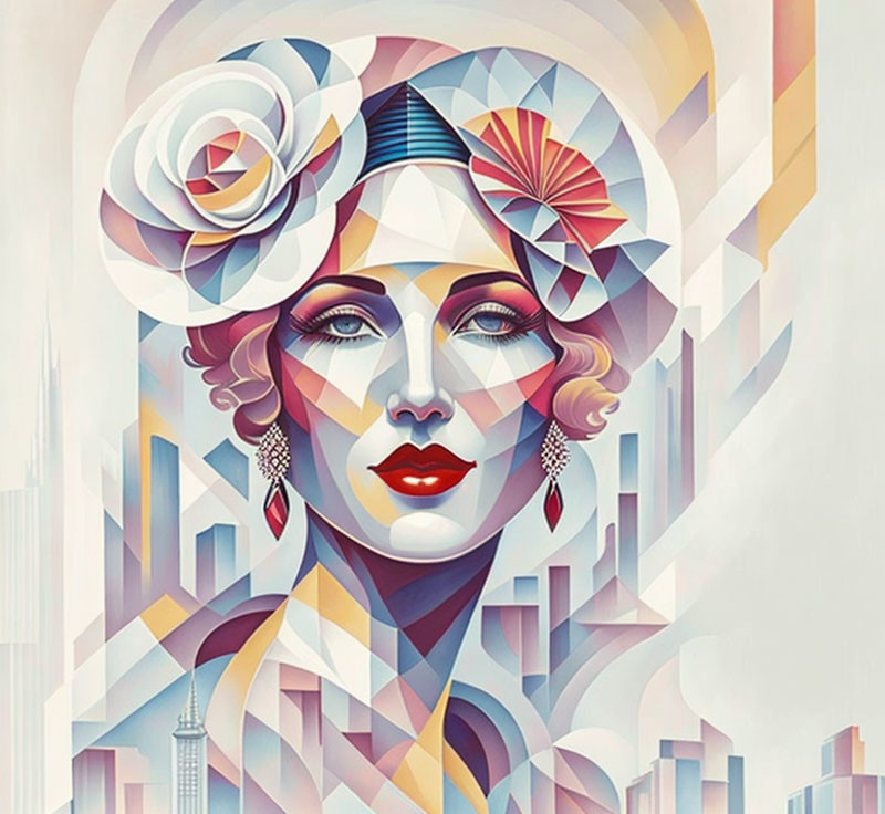 Abstract geometric urban woman portrait in soft pastel colors