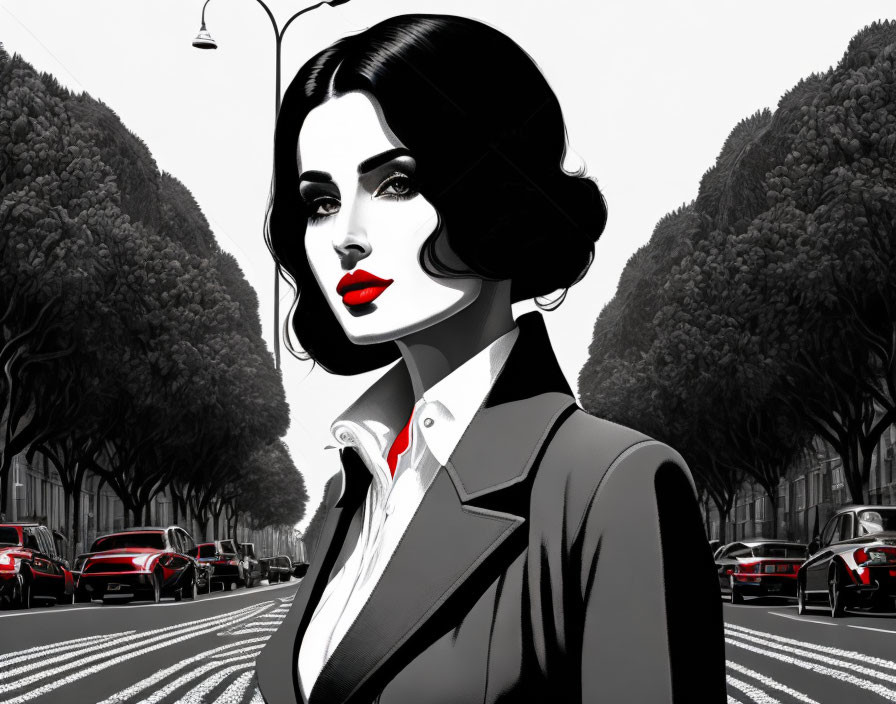 Monochromatic illustration of a woman in a suit with red lips on a vintage car-lined street