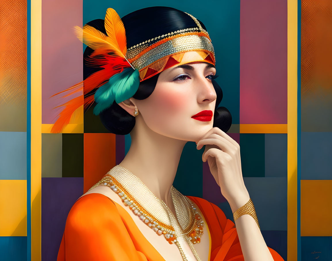 Vintage 1920s woman in headband and feather on geometric backdrop