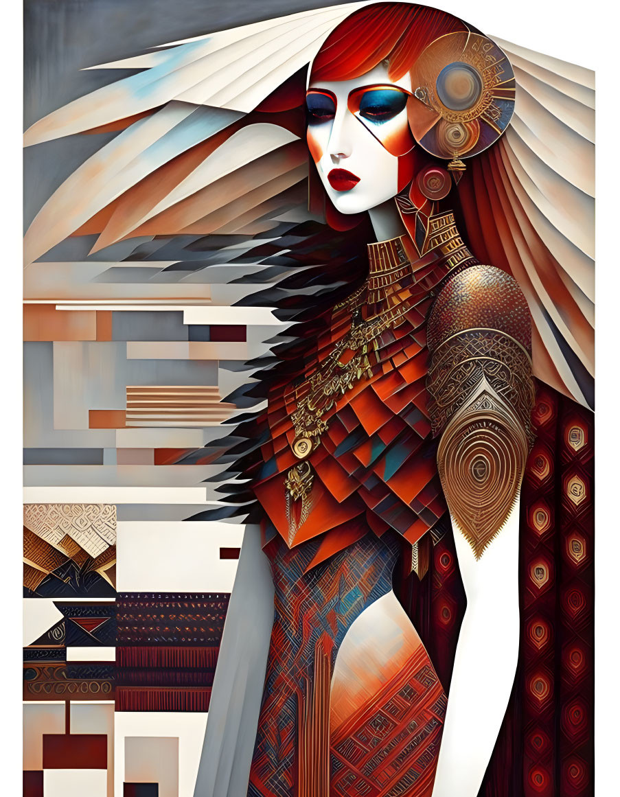 Geometric illustration of woman in intricate garments