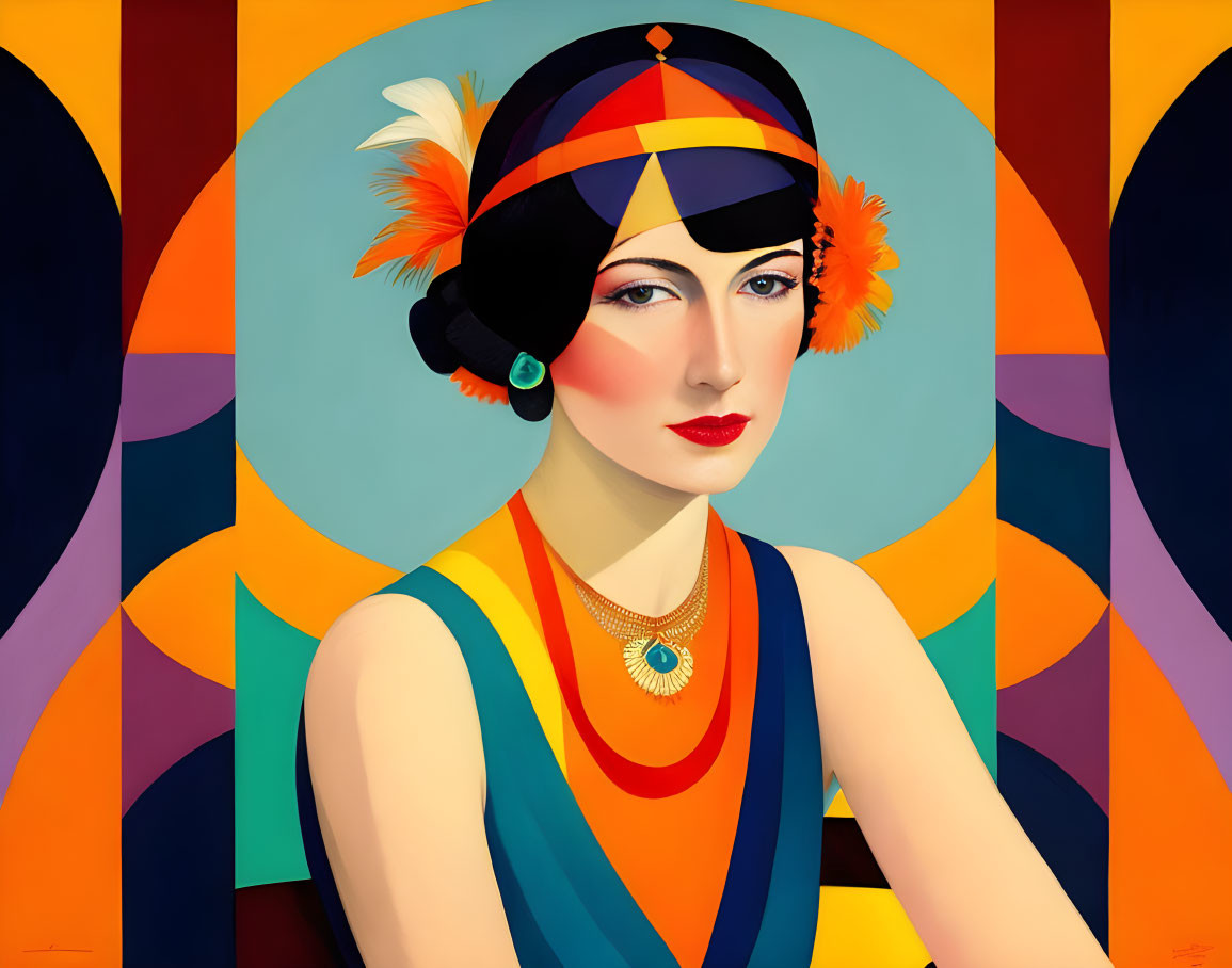 Vibrant art deco style illustration of woman with headband & geometric backdrop