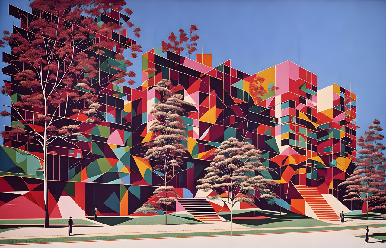 Vibrant geometric building with red trees under clear sky