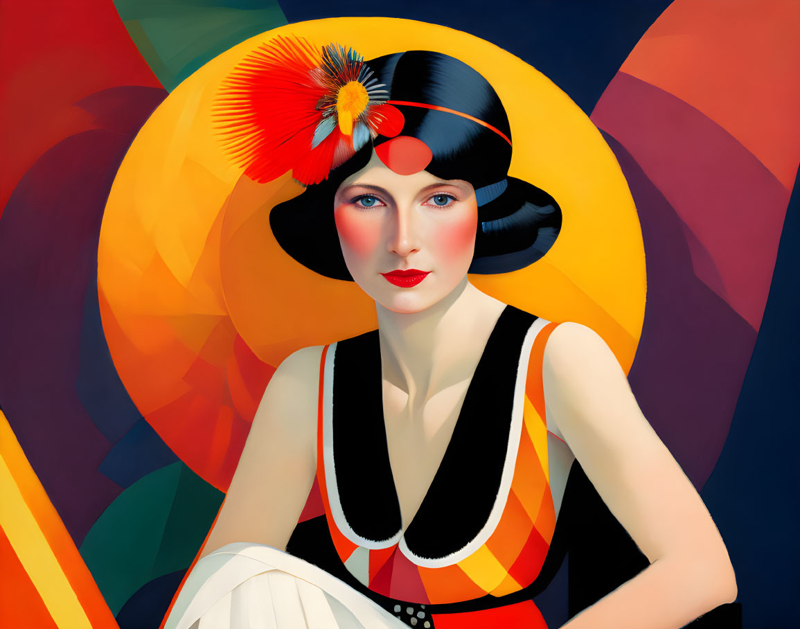 Vibrant Art Deco Woman Portrait with Flapper Hat