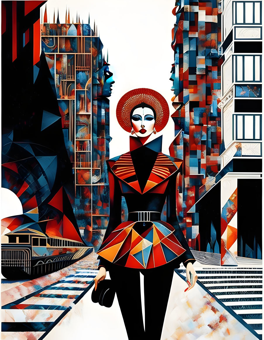 Fashion figure in geometric outfit amid colorful futuristic cityscape