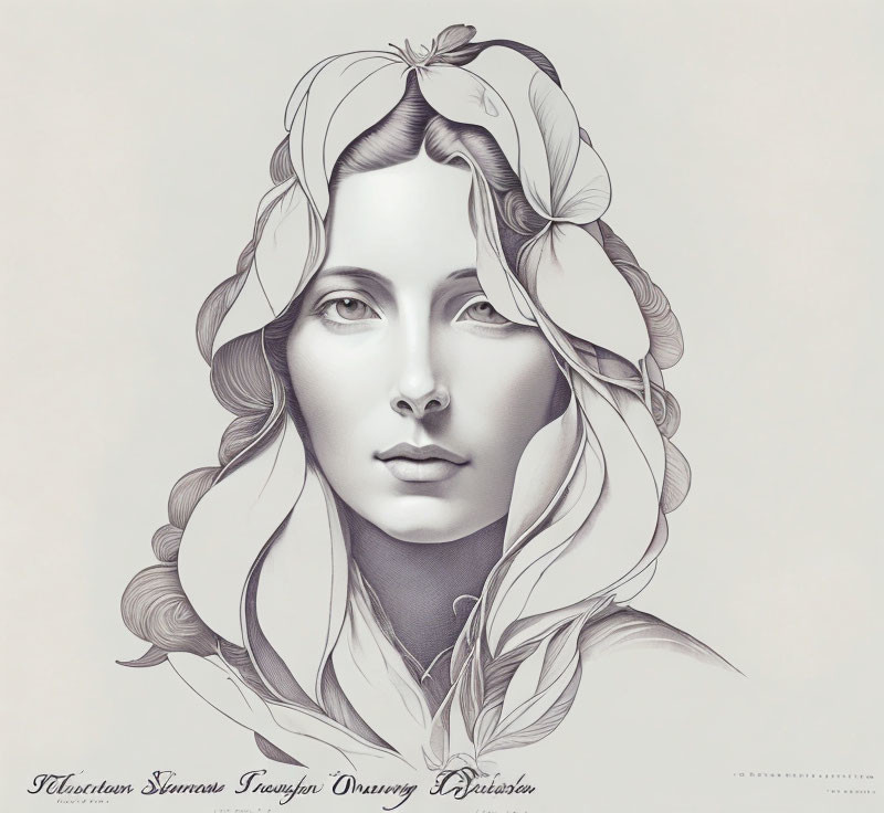 Illustration of a woman's face with intricate hair and flowers