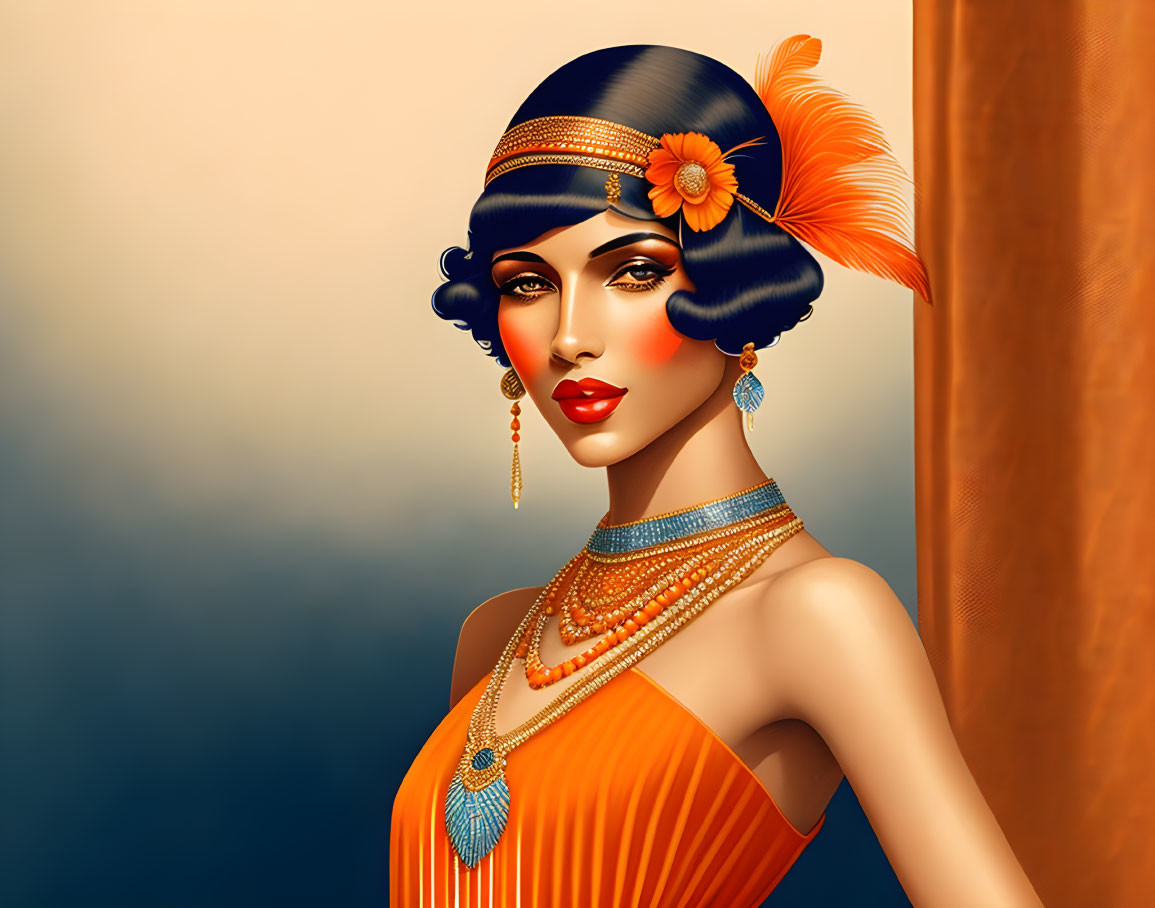 1920s fashion woman with flapper headband, bob haircut, earrings, and beaded necklace