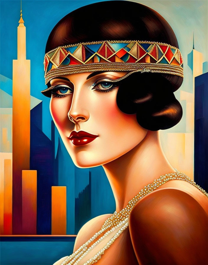 Stylized portrait of woman in 1920s flapper look with beaded headband and