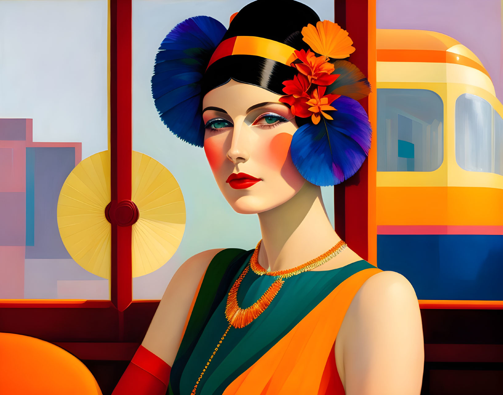 Stylized woman with vibrant makeup and colorful headpiece in flowing orange dress against abstract backdrop.