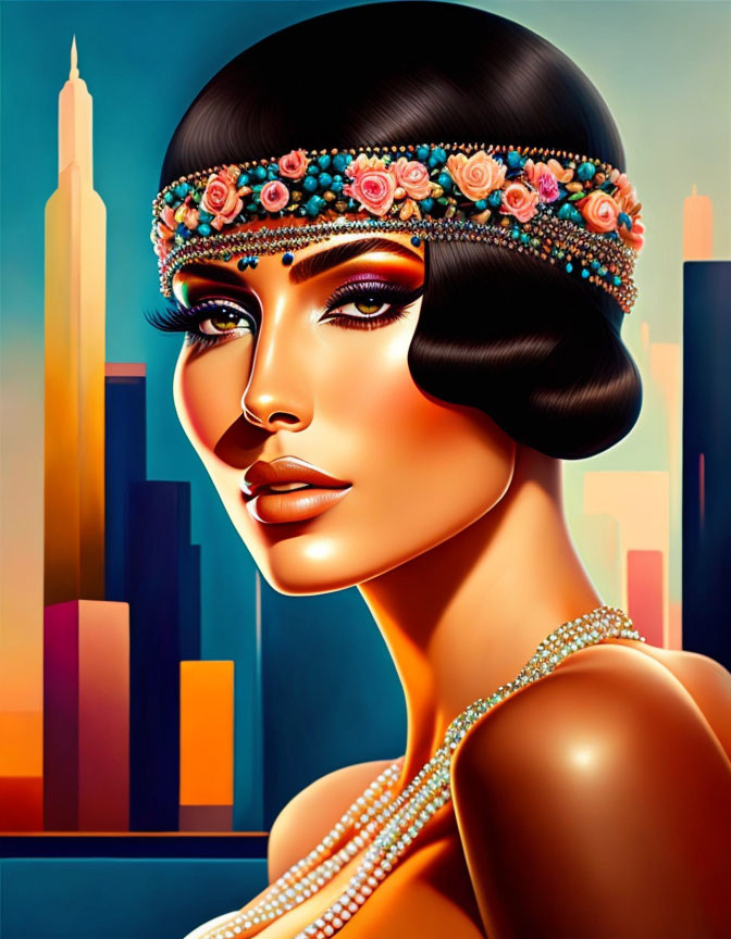 Stylized 1920s flapper woman illustration with beaded headband and pearls against city