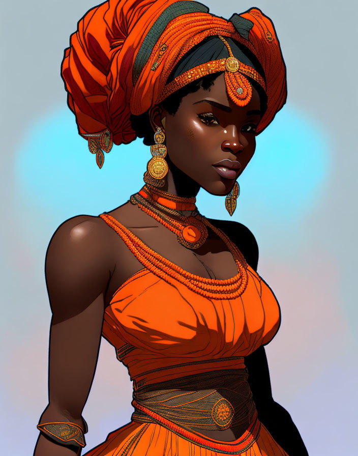 Detailed illustration of woman in ornate orange headwrap and African attire