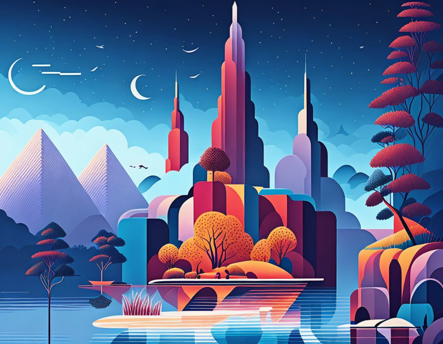 Colorful Futuristic Landscape with Geometric Shapes, Pyramids, Skyscrapers, and Star