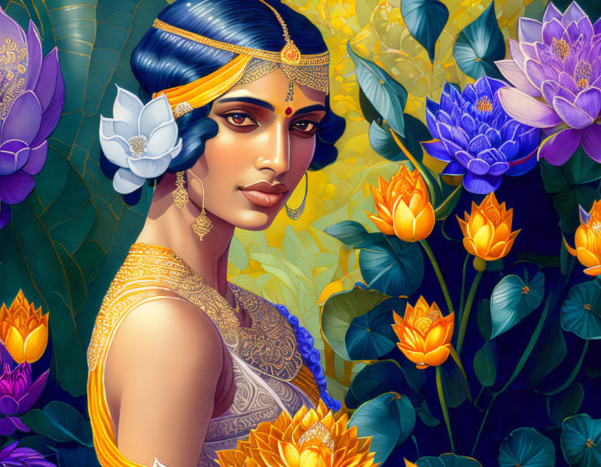 Illustrated woman in traditional Indian jewelry surrounded by lotus flowers