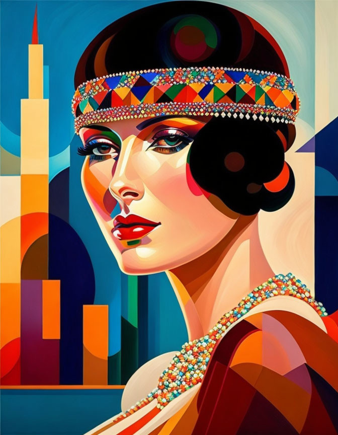 Woman in Art Deco Style with Bold Makeup and Geometric Patterns