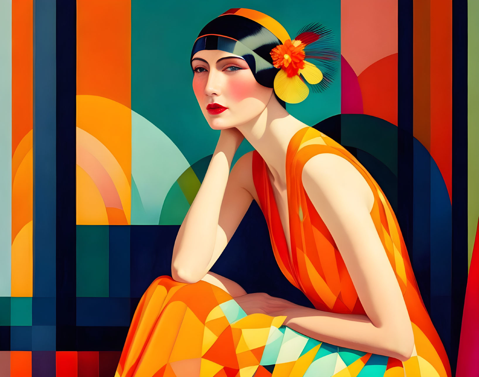 Colorful Art Deco Woman Illustration with Geometric Patterns