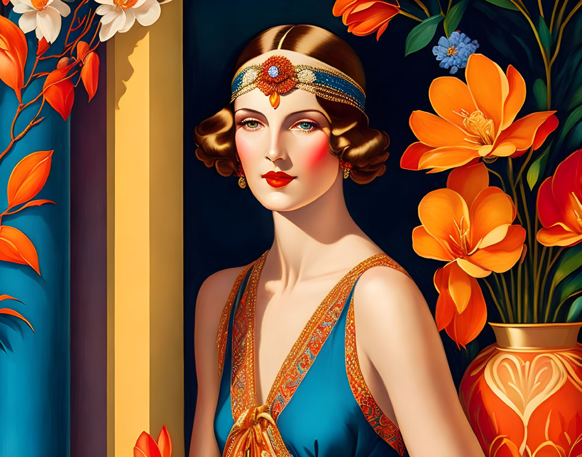 Stylized portrait of a woman with 1920s flapper style and orange flower backdrop