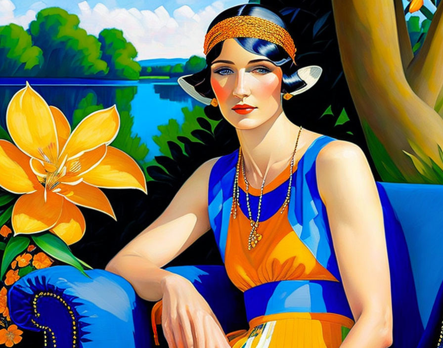 Stylized painting of woman in 1920s attire by water lily