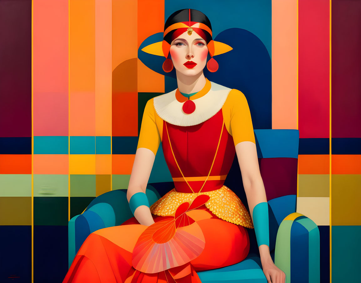 Colorful Geometric Portrait of Woman in Egyptian-Inspired Outfit