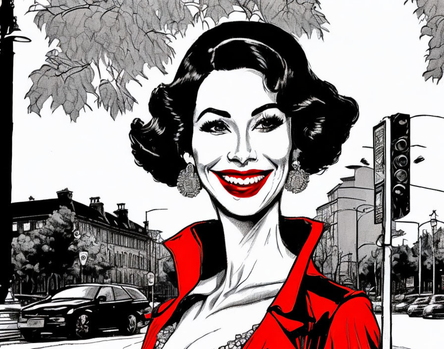 Smiling woman with red lipstick in urban setting.