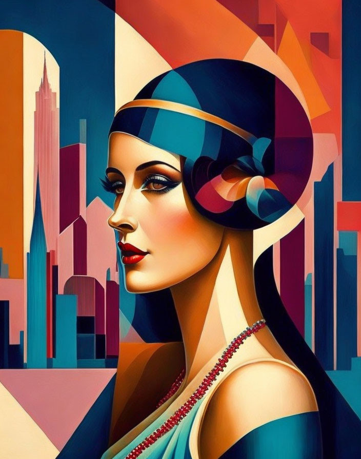 Colorful Art Deco Woman Illustration with Flapper Headband & Geometric Cityscape