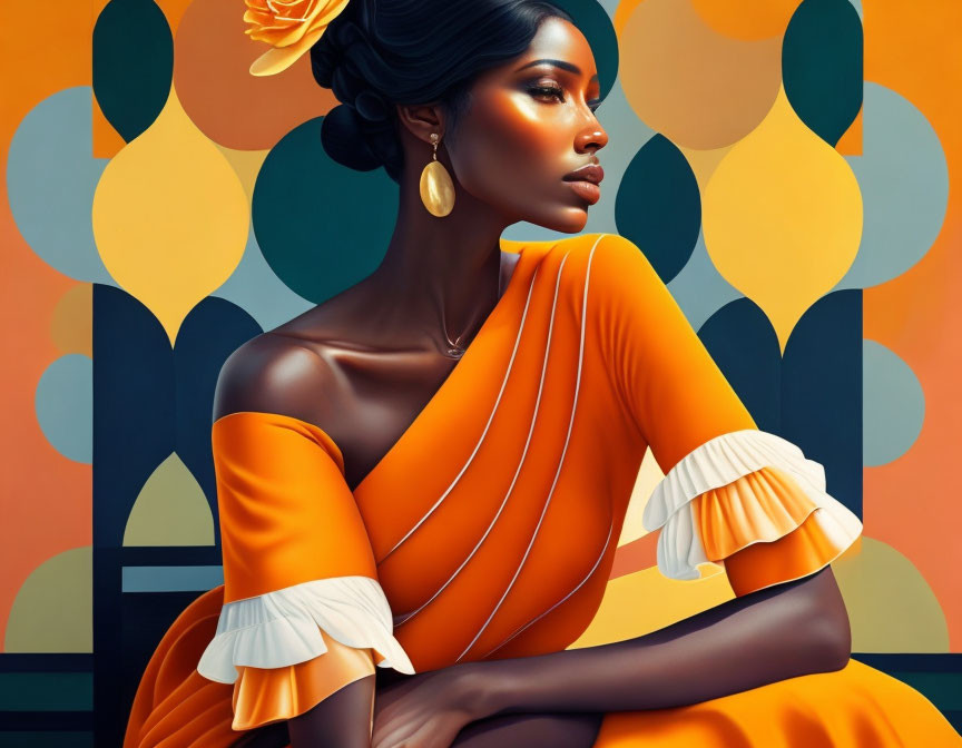 Portrait of woman with dark skin in orange dress, white cuffs, large earrings, against patterned backdrop