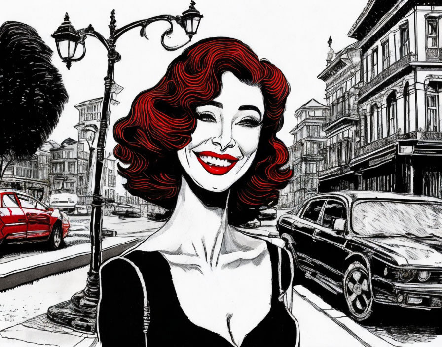 Monochrome illustration of smiling woman in cityscape.