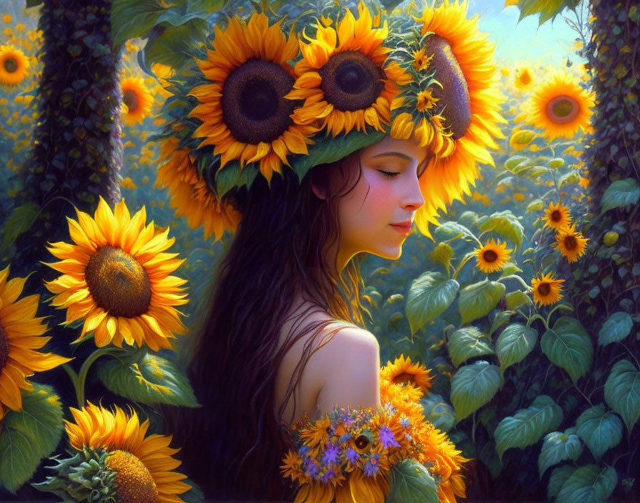 Woman with Sunflower Wreath Surrounded by Blooms