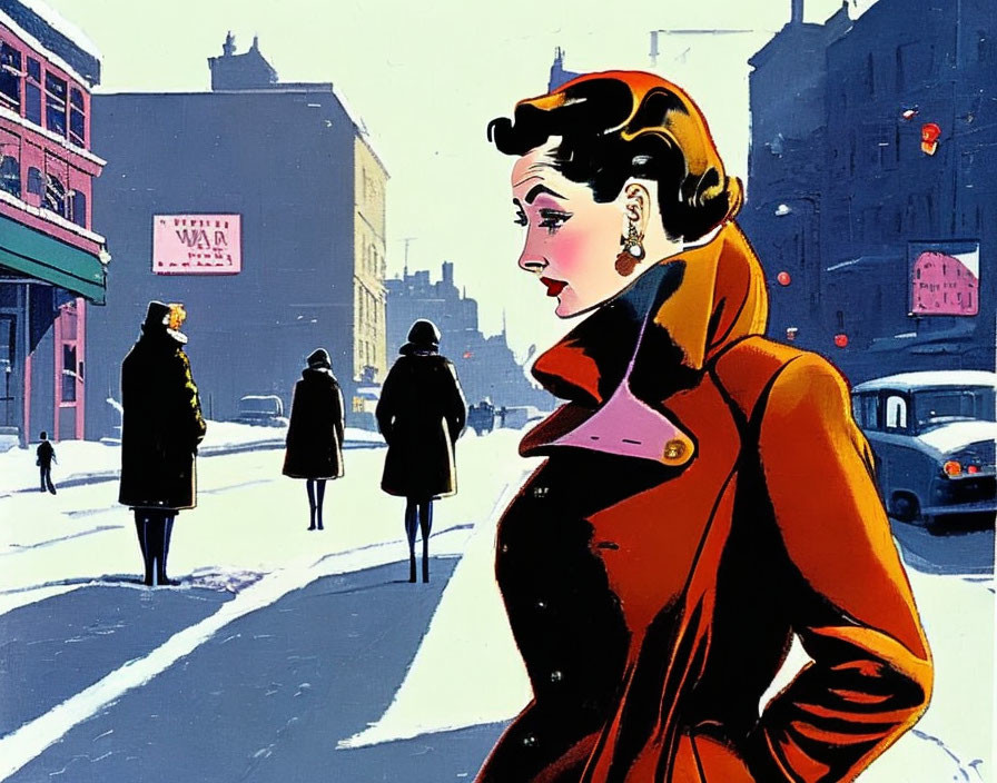 Stylized illustration of elegant woman in orange coat on snowy city street