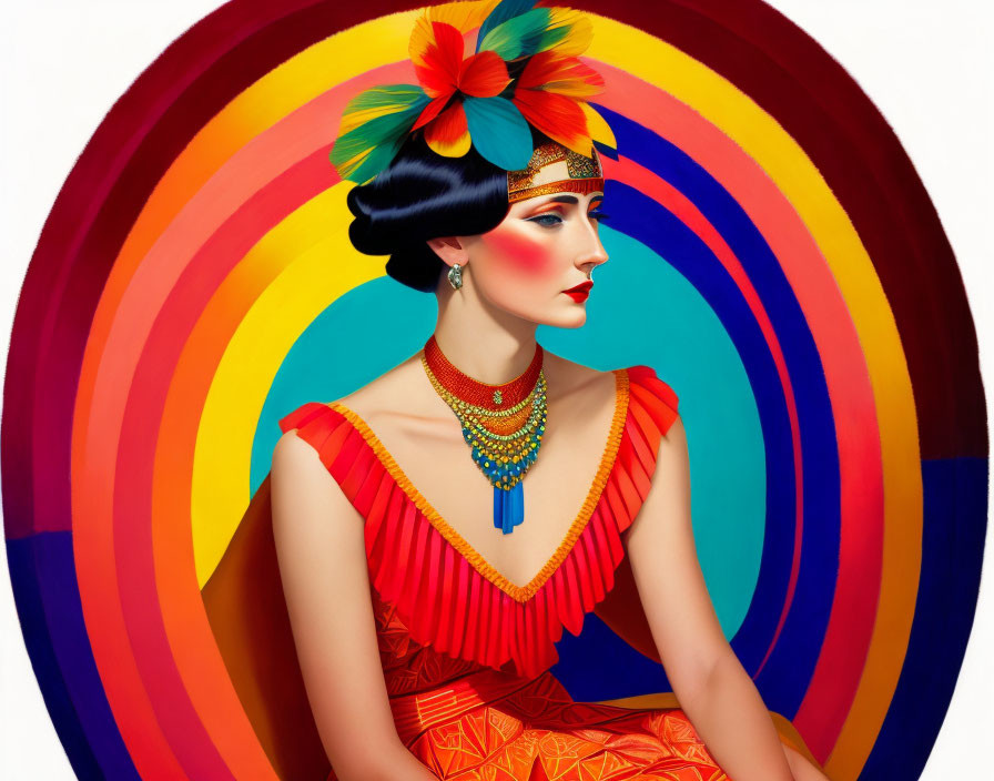 Colorful Woman Portrait with Headdress and Red Dress on Rainbow Background